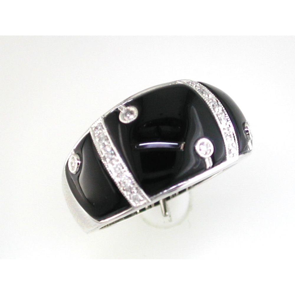 14K White Gold Contemporary Black Enamel Ring with Channel-Set Round Diamonds - 0.12 Carat Total Diamond Weight - Royal Jewelry