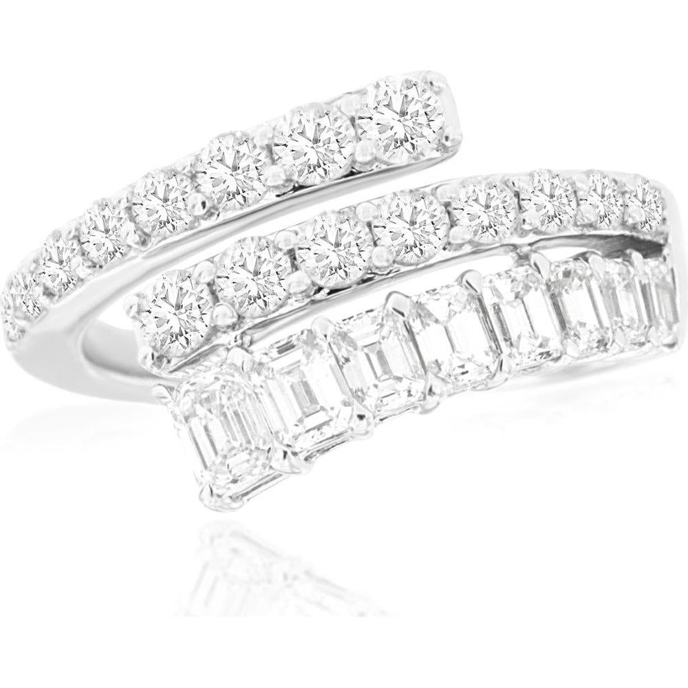 14K White Gold Contemporary Bypass Ring with Round and Baguette Diamonds - 1.80 Carat Total Diamond Weight - Royal Jewelry