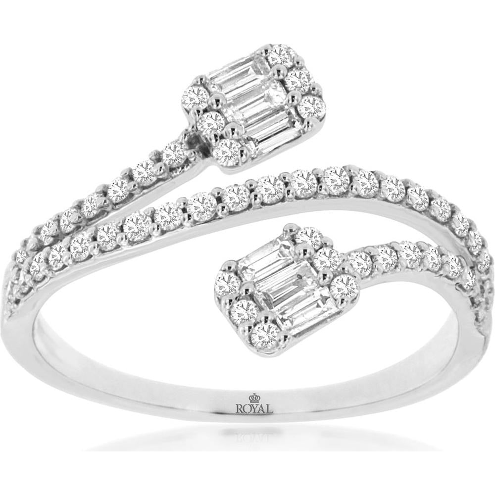 14K White Gold Contemporary Bypass Ring with Round and Baguette Style Diamonds - 0.55 Carat Total Diamond Weight - Royal Jewelry