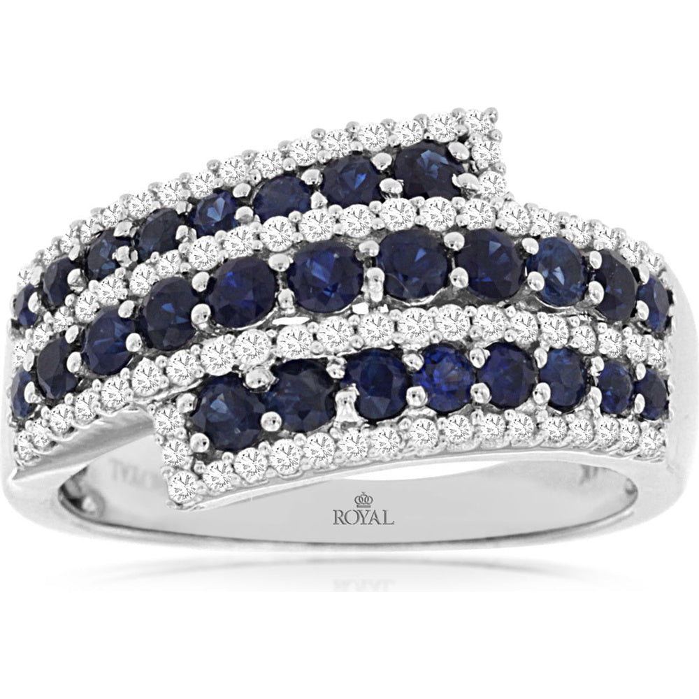 14K White Gold Contemporary Bypass Ring with Round Cut Sapphires and Diamond Accents - 1.20 Carat Total Sapphire Weight and 0.38 Carat Total Diamond Weight - Royal Jewelry