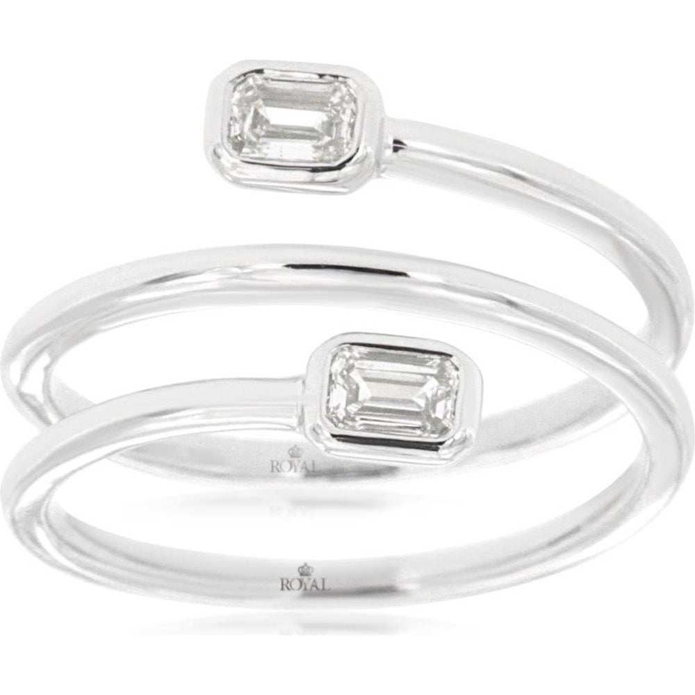 14K White Gold Contemporary Bypass Spiral Ring with Bezel-Set Emerald Cut Diamonds - 0.30 Carat Total Diamond Weight - Royal Jewelry