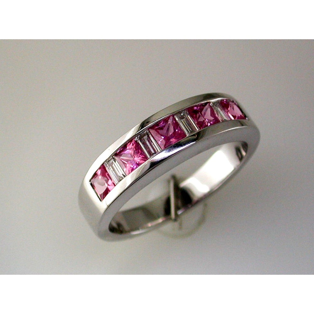 14K White Gold Contemporary Channel Set Band with Princess Cut Pink Sapphires and Baguette Diamonds - 1.15 Carat Total Sapphire Weight and 0.24 Carat Total Diamond Weight - Royal Jewelry