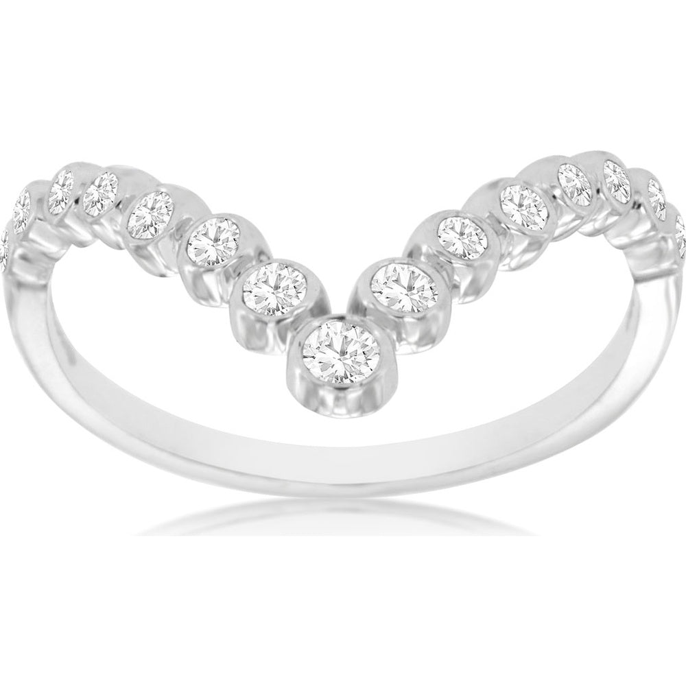 14K White Gold Contemporary Chevron Contour Band with Bezel-Set Round Diamonds - 0.26 Carat Total Diamond Weight - Royal Jewelry