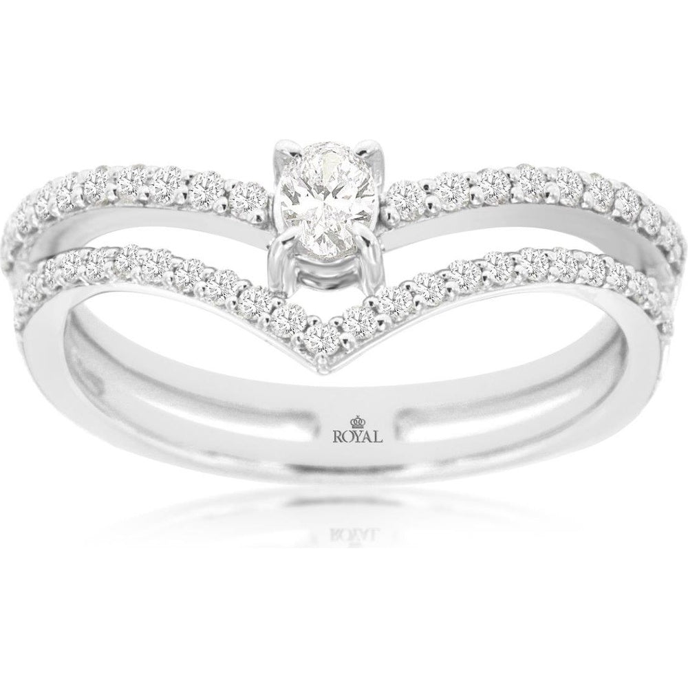 14K White Gold Contemporary Chevron Split Shank Ring with Pavé-Set Round Diamonds and 0.50 Carat Oval Center Diamond - Royal Jewelry
