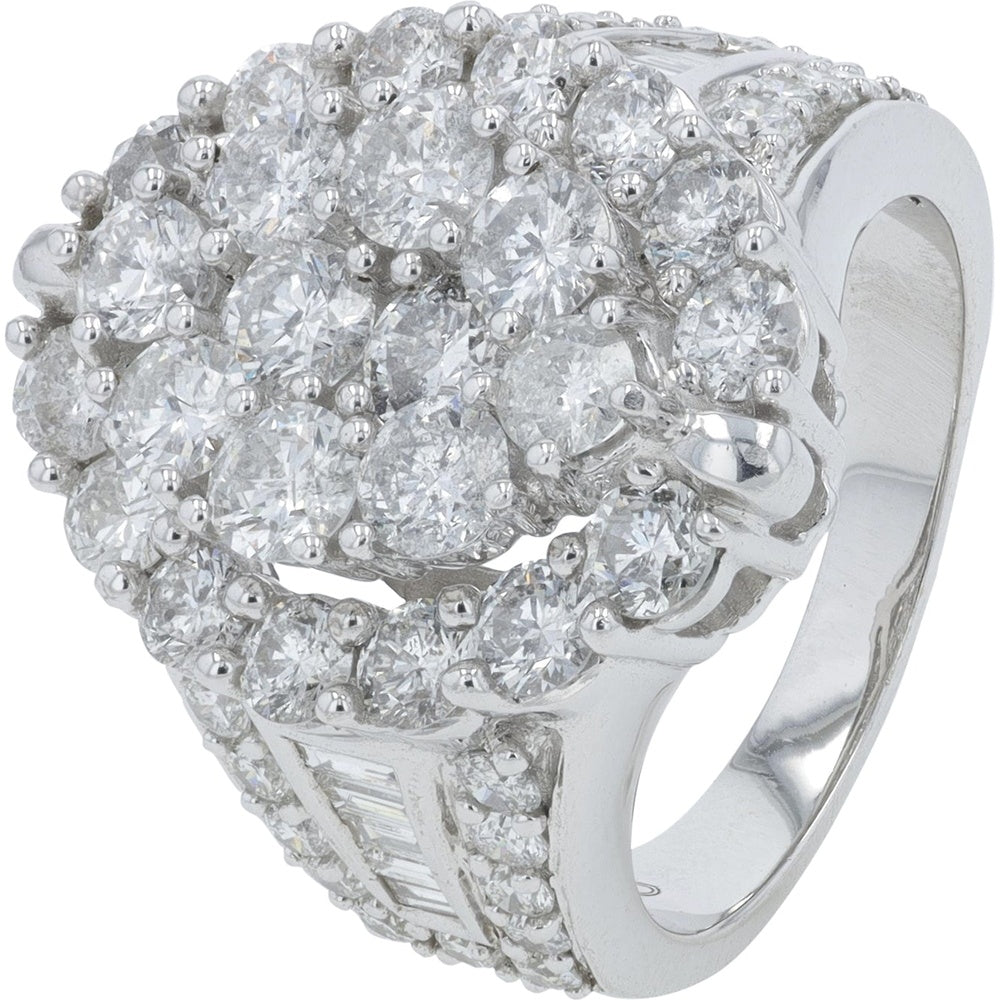 14K White Gold Contemporary Cluster Ring with Round and Baguette Cut Diamonds - 4.00 Carat Total Diamond Weight