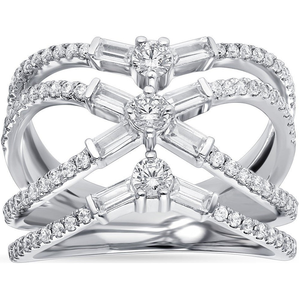 14K White Gold Contemporary Crisscross Fashion Ring with Round and Baguette Diamonds - 1.12 Carat Total Diamond Weight by Auriventus
