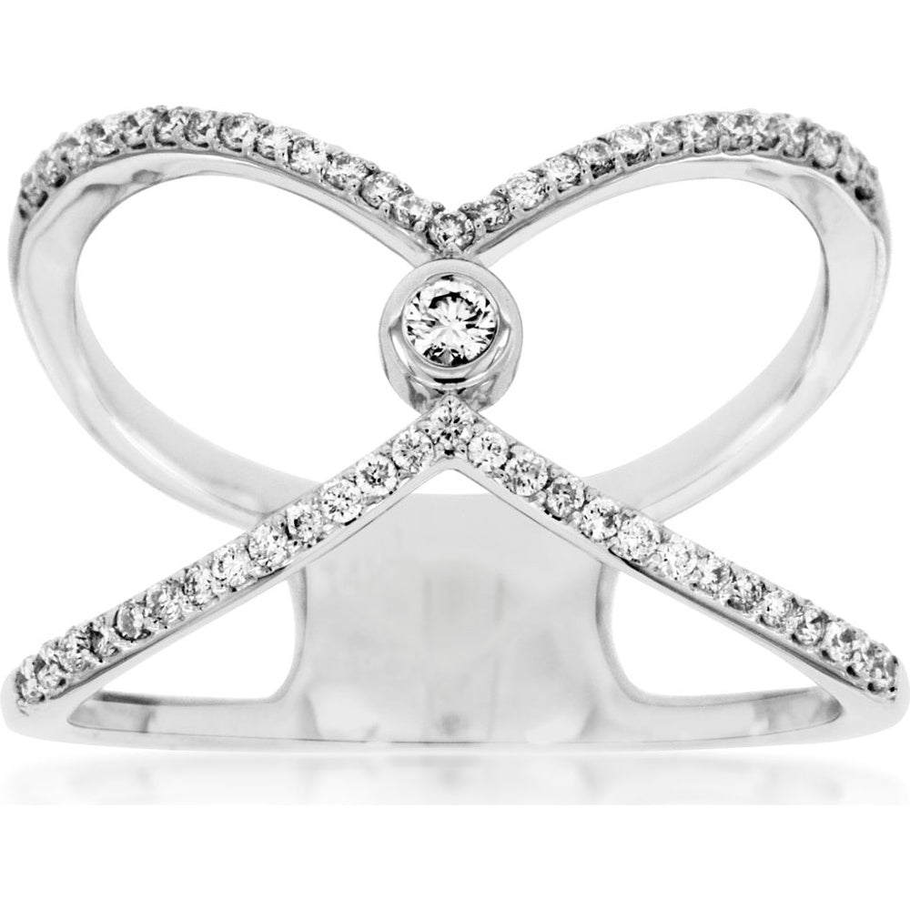 14K White Gold Contemporary Crisscross Ring with Bezel-Set Round Center Diamond and Pavé Accents - 0.28 Carat Total Diamond Weight - Royal Jewelry