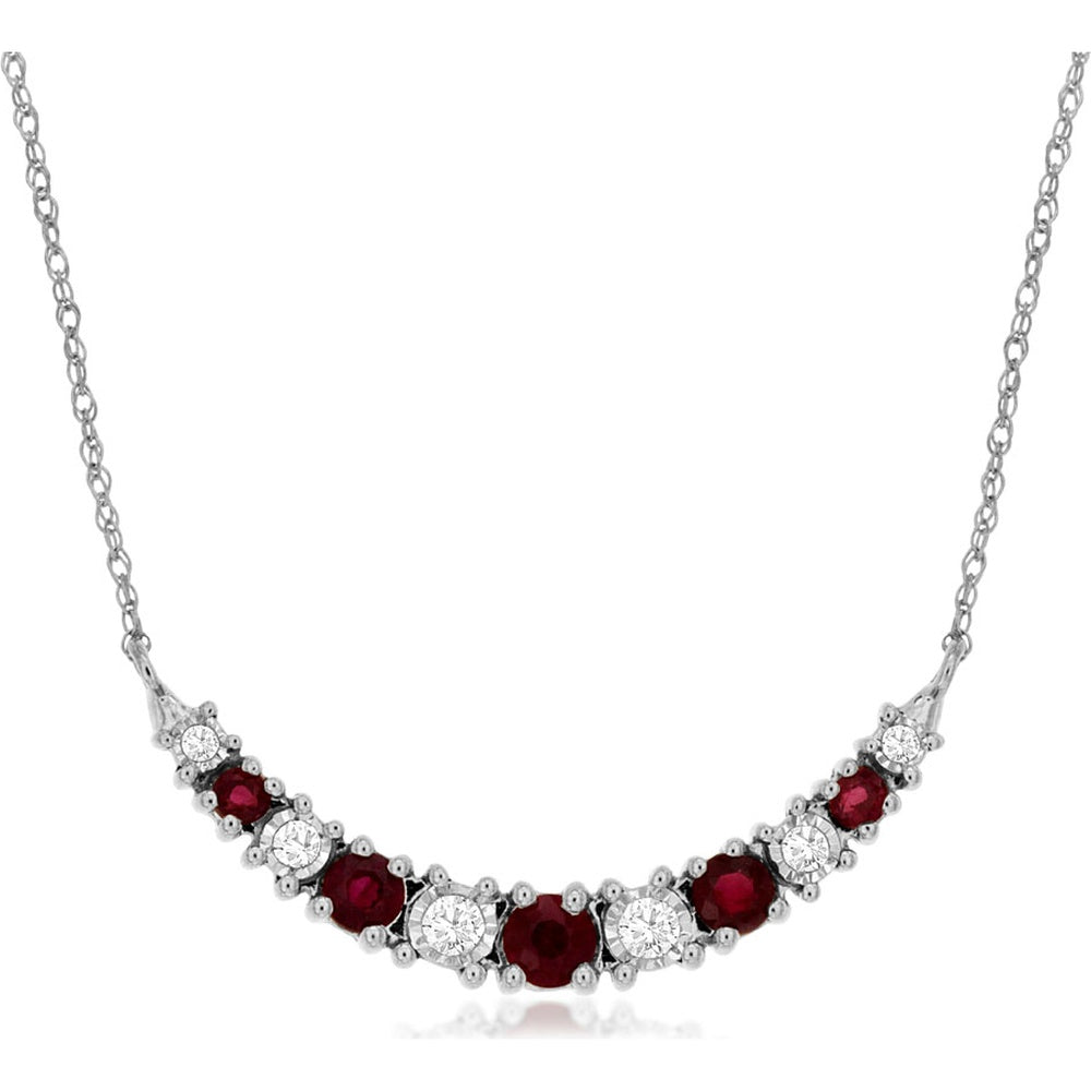 14K White Gold Contemporary Curved Bar Necklace with Round Ruby and Diamond Accents - 0.40 Carat Total Ruby Weight - Royal Jewelry