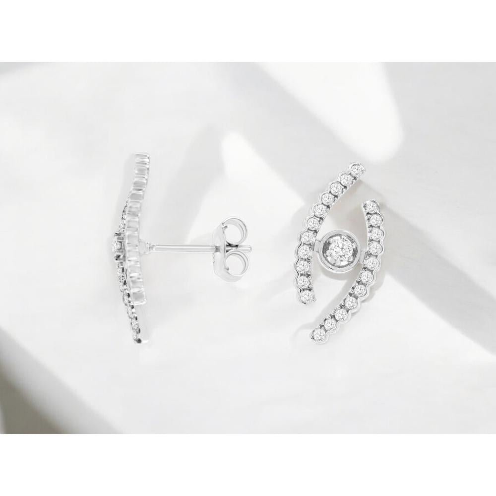 14K White Gold Contemporary Curved Diamond Stud Earrings with Round Diamonds - 0.43 Carat Total Diamond Weight - Royal Jewelry