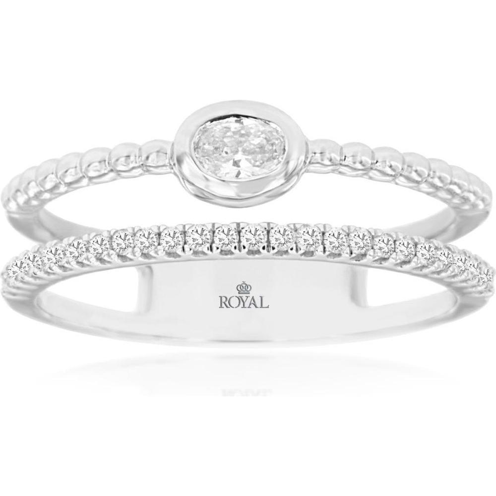 14K White Gold Contemporary Diamond Wedding Band with Oval Bezel Accent - 0.30 Carat Total Diamond Weight - Royal Jewelry