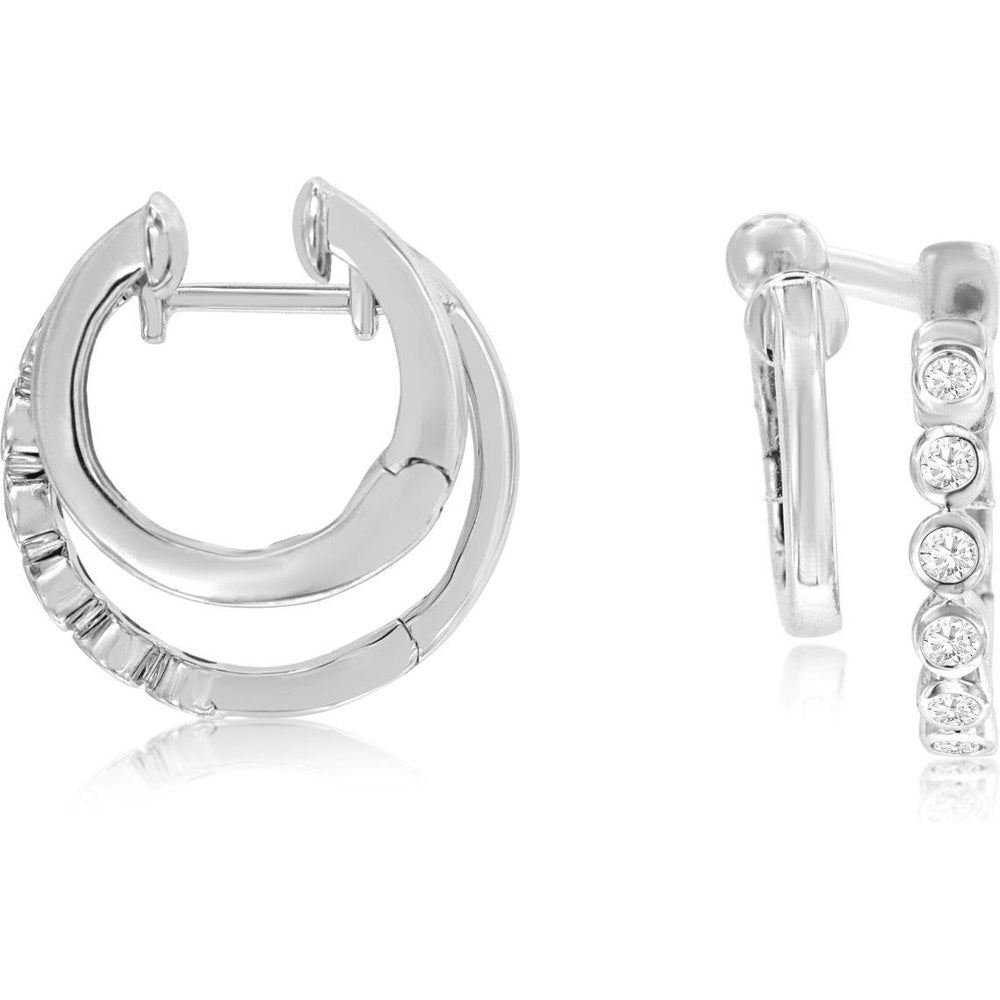 14K White Gold Contemporary Double-Hoop Earrings with Bezel-Set Round Diamonds - 0.26 Carat Total Diamond Weight - Royal Jewelry