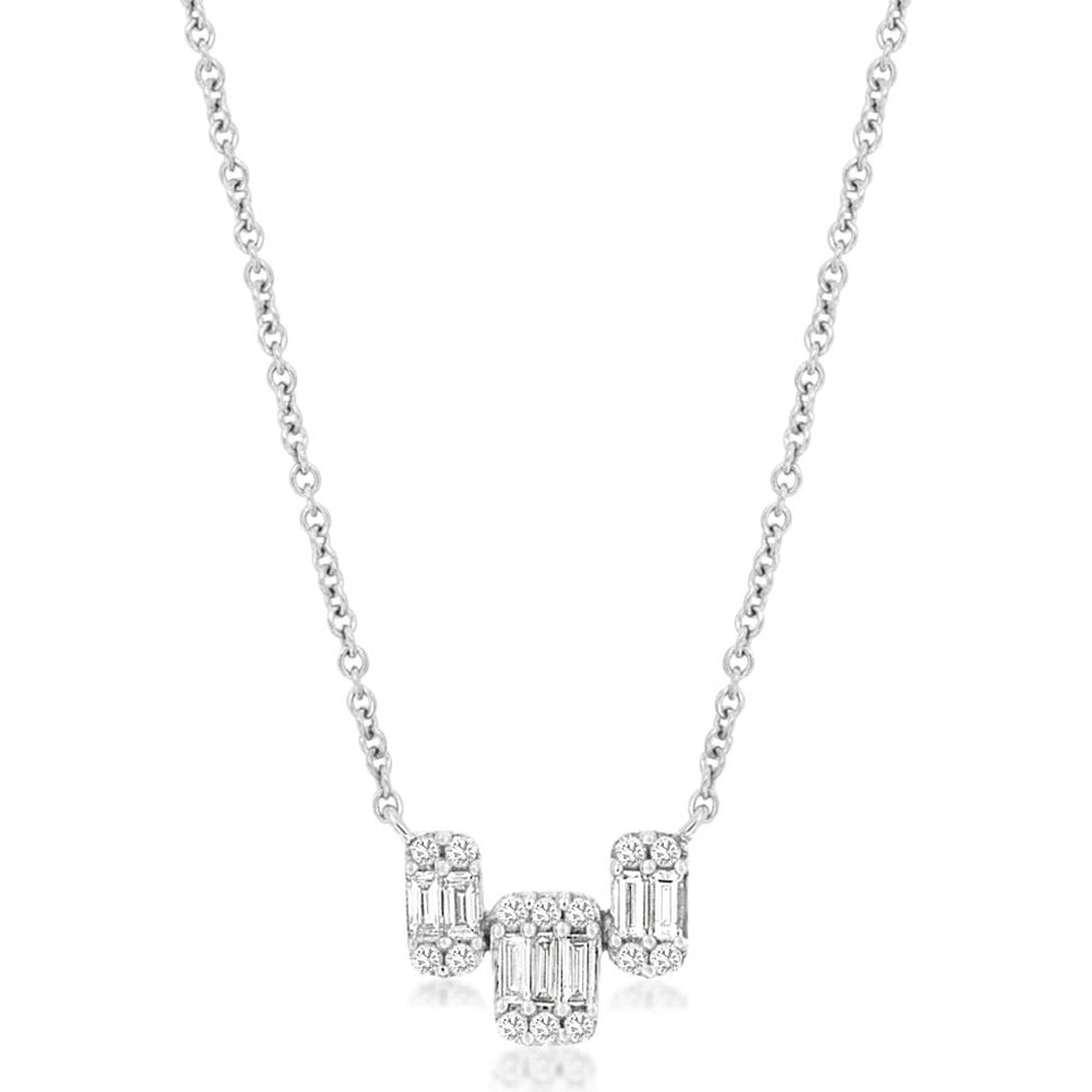 14K White Gold Contemporary Geometric Station Necklace with Baguette and Round Diamonds - 0.17 Carat Total Diamond Weight - Royal Jewelry