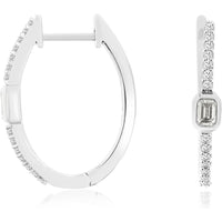 14K White Gold Contemporary Hoop Earrings with Bezel-Set Emerald Cut Diamond and Round Diamond Accents - 0.32 Carat Total Diamond Weight - Royal Jewelry