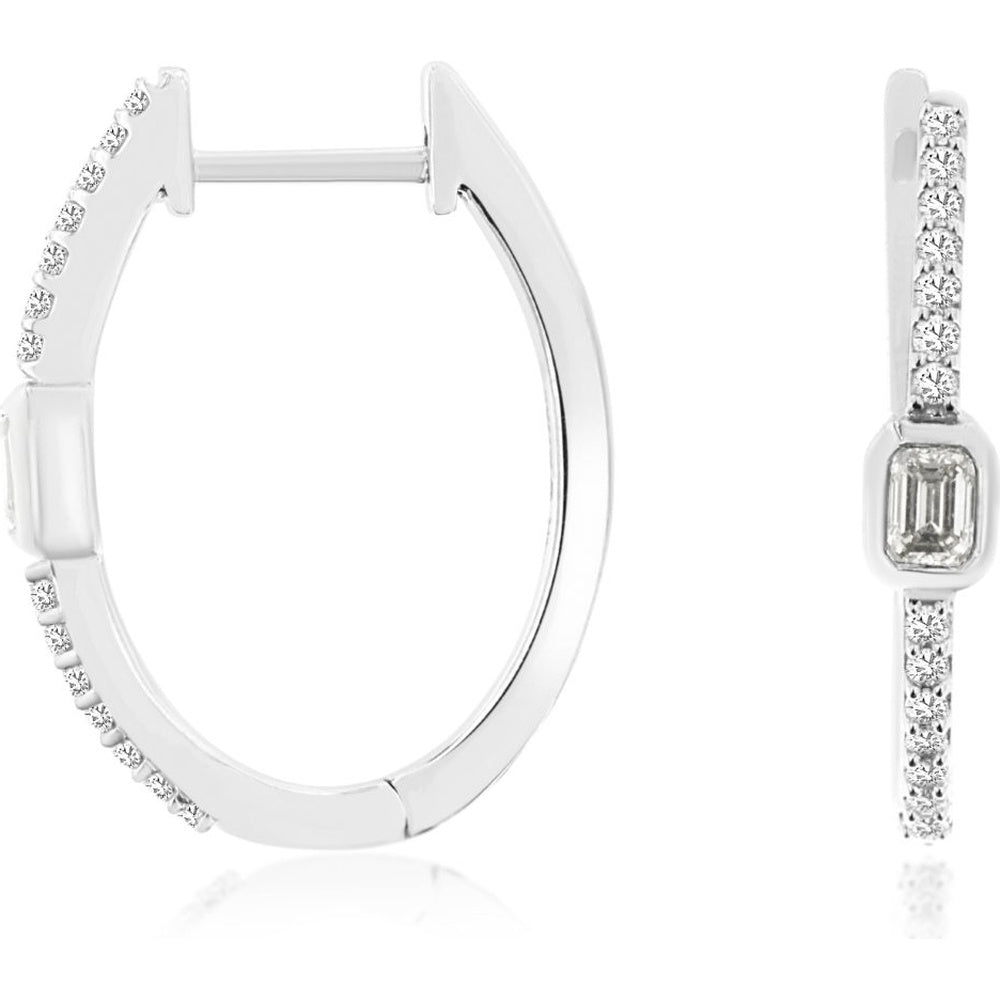 14K White Gold Contemporary Hoop Earrings with Bezel-Set Emerald Cut Diamond and Round Diamond Accents - 0.32 Carat Total Diamond Weight - Royal Jewelry