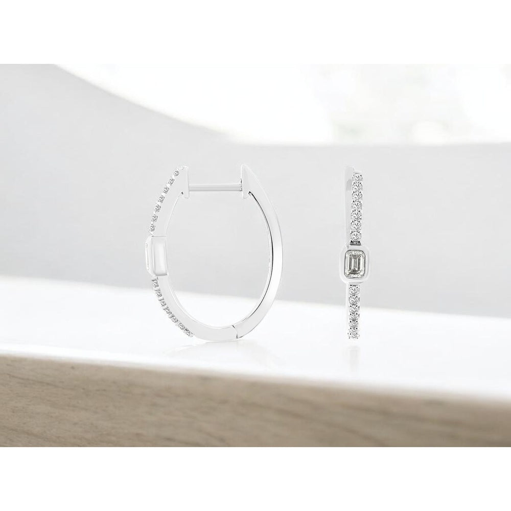 14K White Gold Contemporary Hoop Earrings with Bezel-Set Emerald Cut Diamond and Round Diamond Accents - 0.32 Carat Total Diamond Weight - Royal Jewelry