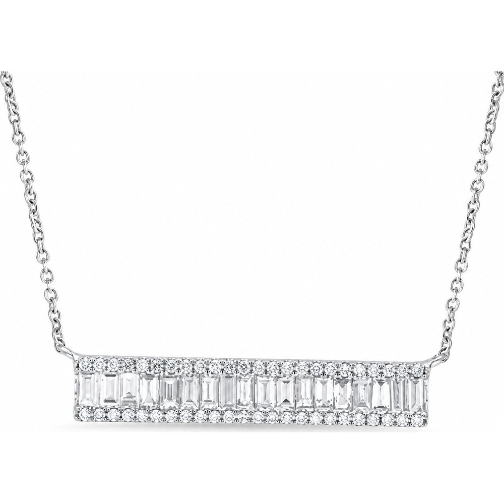 14K White Gold Contemporary Horizontal Bar Necklace with Baguette and Round Diamond Accents - 0.64 Carat Total Diamond Weight by Auriventus