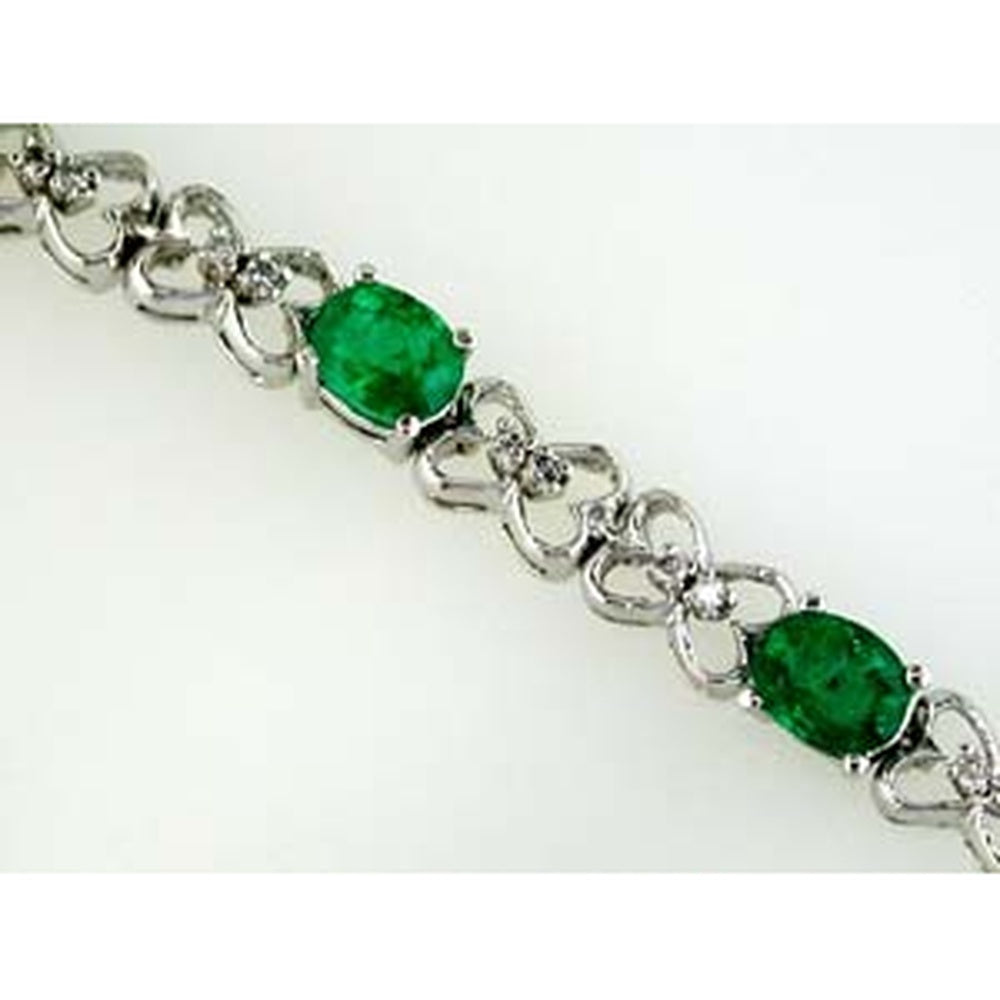 14K White Gold Contemporary Link Bracelet with Oval-Cut Emeralds and Round Diamond Accents - 3.50 Carat Emerald and 0.22 Carat Total Diamond Weight - Royal Jewelry