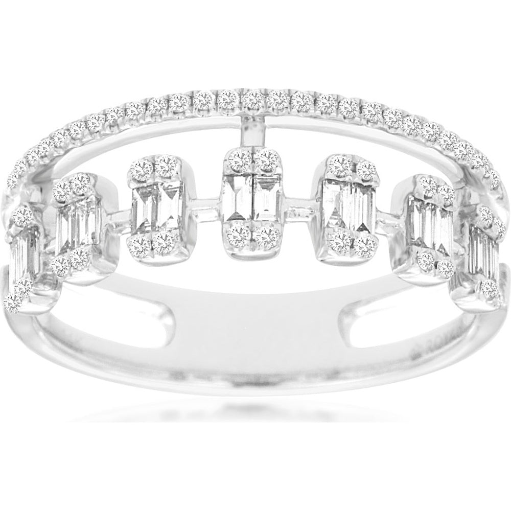 14K White Gold Contemporary Open Band Ring with Horizontal Baguette and Brilliant Round Diamonds - 0.45 Carat Total Diamond Weight - Royal Jewelry