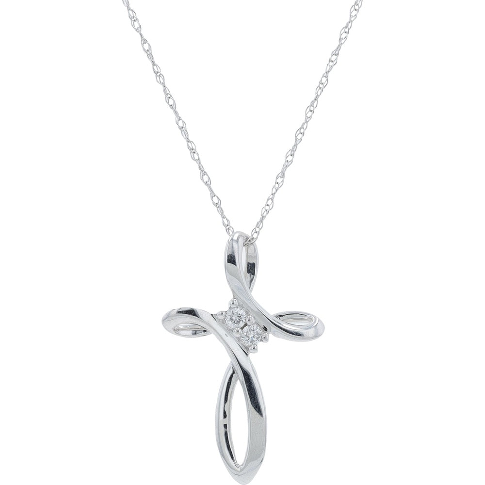 14K White Gold Contemporary Open-Loop Cross Pendant with Prong-Set Round Diamonds - 0.05 Carat Total Diamond Weight
