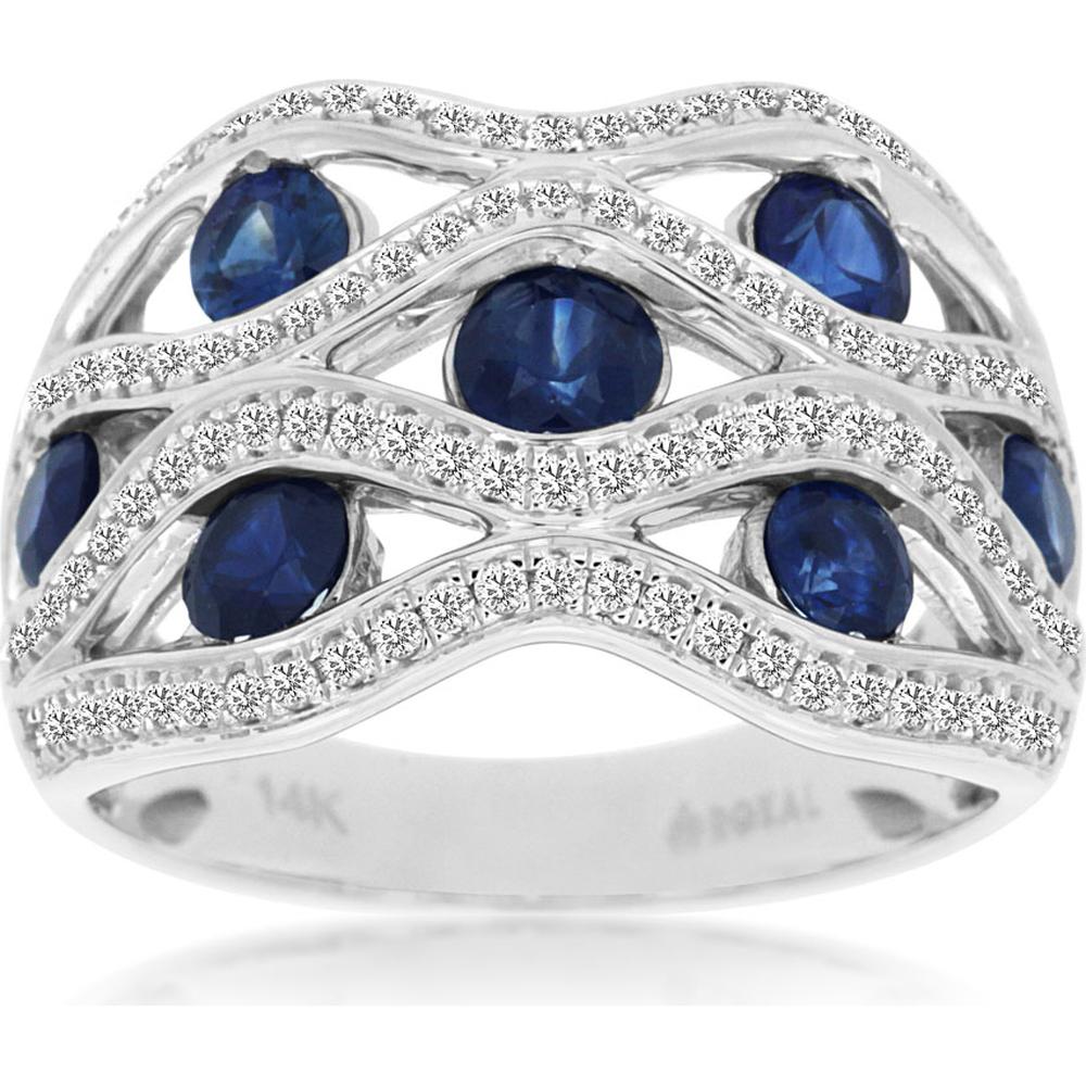 14K White Gold Contemporary Openwork Ring with Round Sapphires and Diamond Accents - 1.35 Carat Total Sapphire Weight and 0.48 Carat Total Diamond Weight - Royal Jewelry