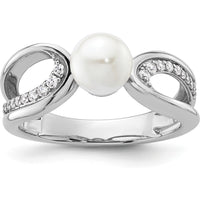 14K White Gold Contemporary Ring with 1 White Freshwater Cultured Pearl and 0.12 Carat Round Natural Diamonds by 0