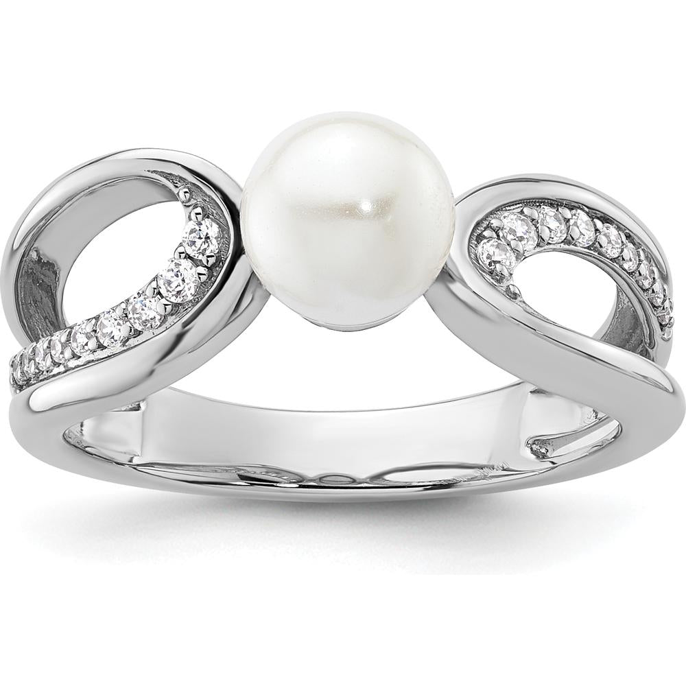 14K White Gold Contemporary Ring with 1 White Freshwater Cultured Pearl and 0.12 Carat Round Natural Diamonds by 0