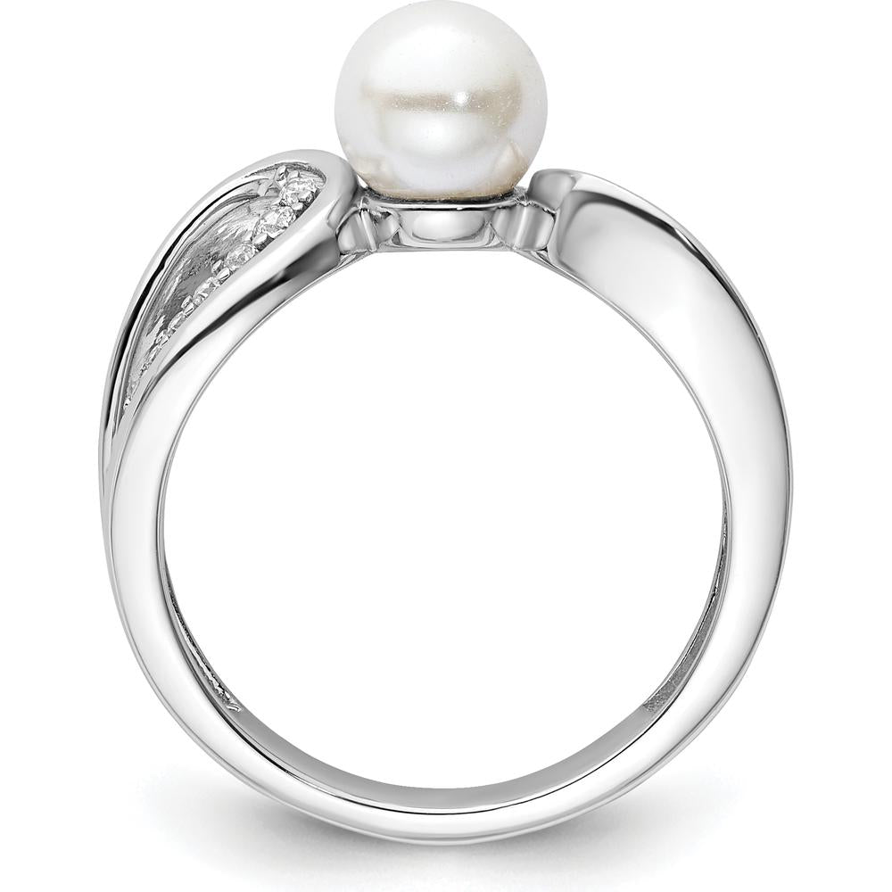14K White Gold Contemporary Ring with 1 White Freshwater Cultured Pearl and 0.12 Carat Round Natural Diamonds by 0
