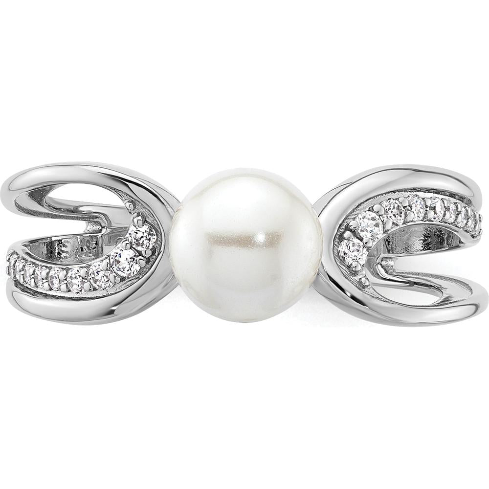 14K White Gold Contemporary Ring with 1 White Freshwater Cultured Pearl and 0.12 Carat Round Natural Diamonds by 0