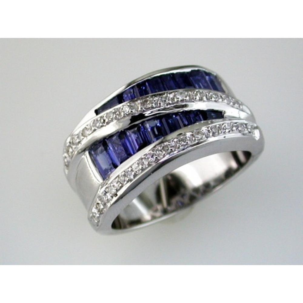 14K White Gold Contemporary Ring with Channel-Set Baguette Sapphires (1.70 Carats) and Pavé Round Diamonds (0.15 Carats) - Royal Jewelry