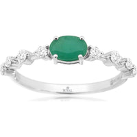 14K White Gold Contemporary Ring with Oval Emerald and Scalloped-Set Round Diamonds - 0.50 Carat Emerald and 0.25 Carat Total Diamond Weight - Royal Jewelry