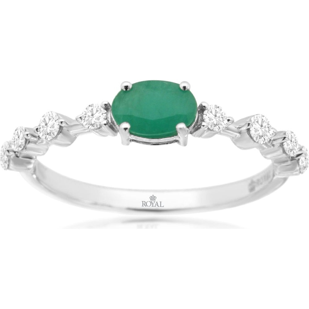 14K White Gold Contemporary Ring with Oval Emerald and Scalloped-Set Round Diamonds - 0.50 Carat Emerald and 0.25 Carat Total Diamond Weight - Royal Jewelry