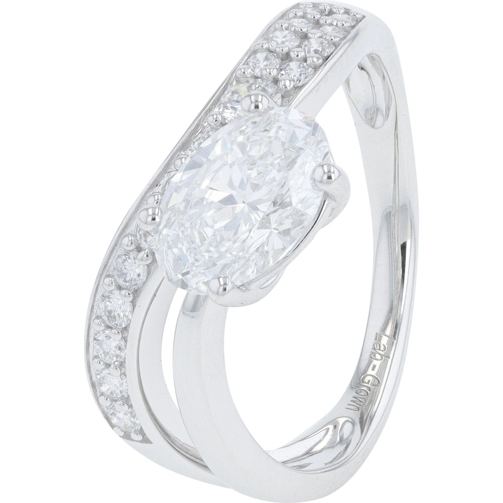 14K White Gold Contemporary Split-Shank Ring with 1.00 Carat Oval Lab-Grown Diamond and Pavé Accents - 1.50 Carat Total Diamond Weight