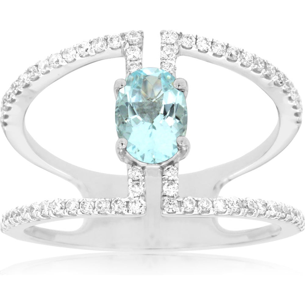14K White Gold Contemporary Split-Shank Ring with Oval Aquamarine and Pavé-Set Round Diamonds - 0.68 Carat Aquamarine and 0.35 Carat Total Diamond Weight - Royal Jewelry