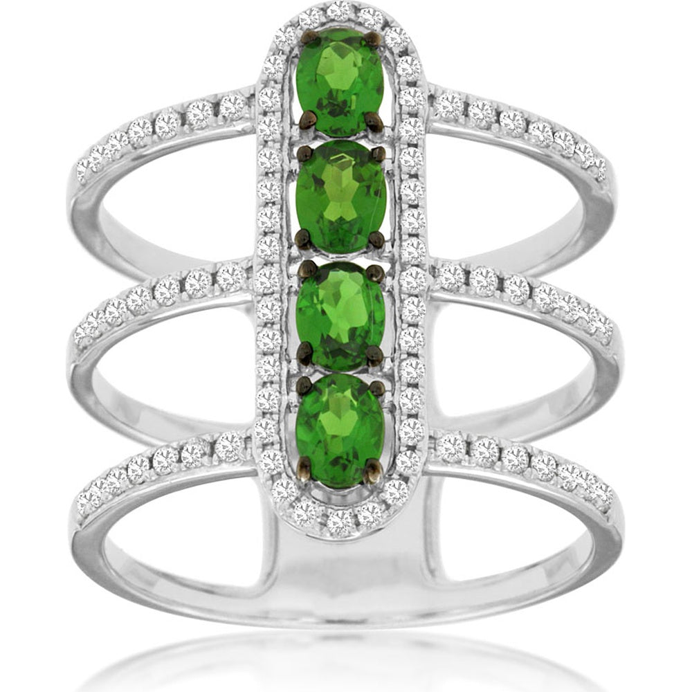 14K White Gold Contemporary Split Shank Ring with Oval Russalite Gemstones and Diamond Halo - 0.70 Carat Total Russalite Weight and 0.42 Carat Total Diamond Weight - Royal Jewelry