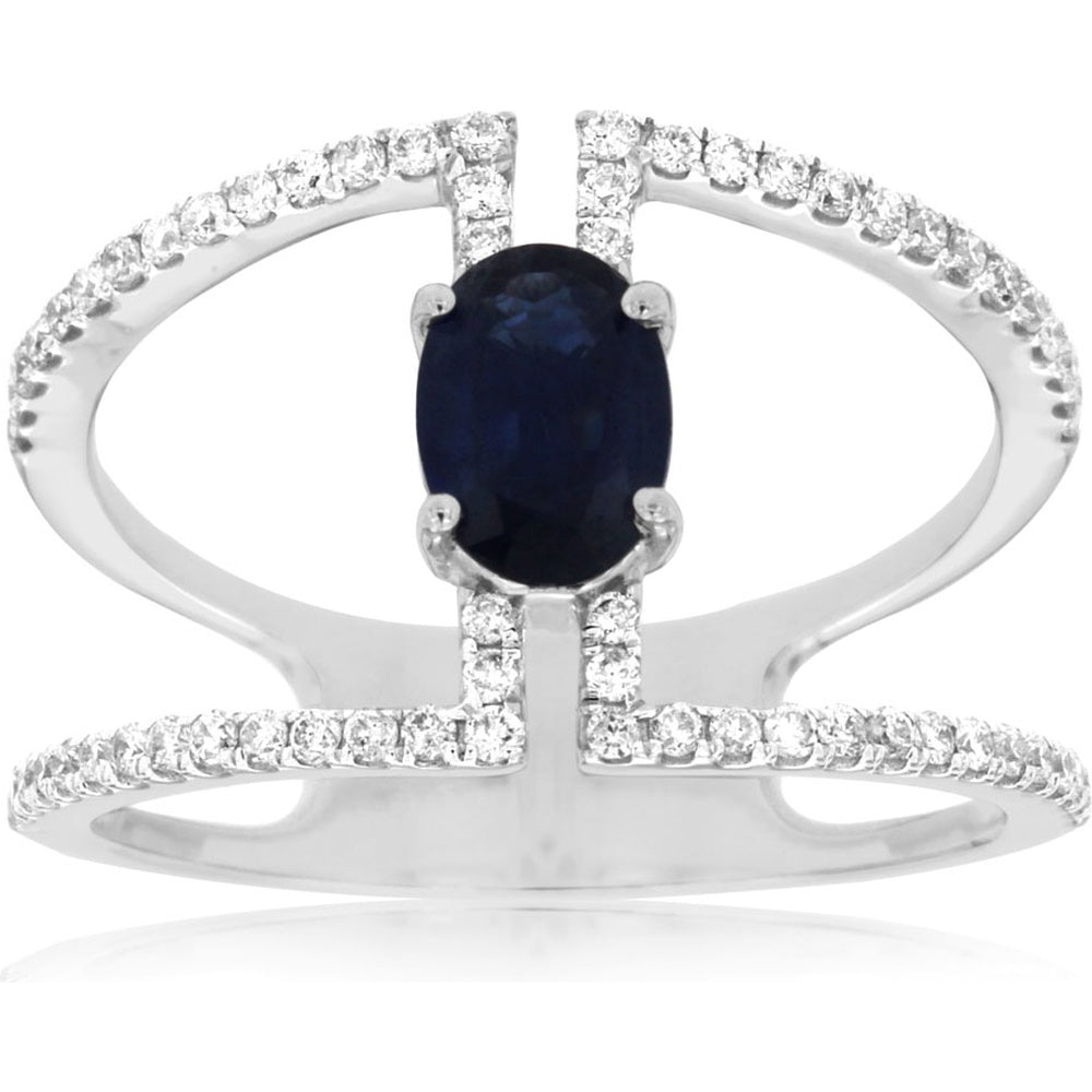 14K White Gold Contemporary Split-Shank Ring with Oval Sapphire and Prong-Set Round Diamonds - 1.00 Carat Sapphire and 0.35 Carat Total Diamond Weight - Royal Jewelry