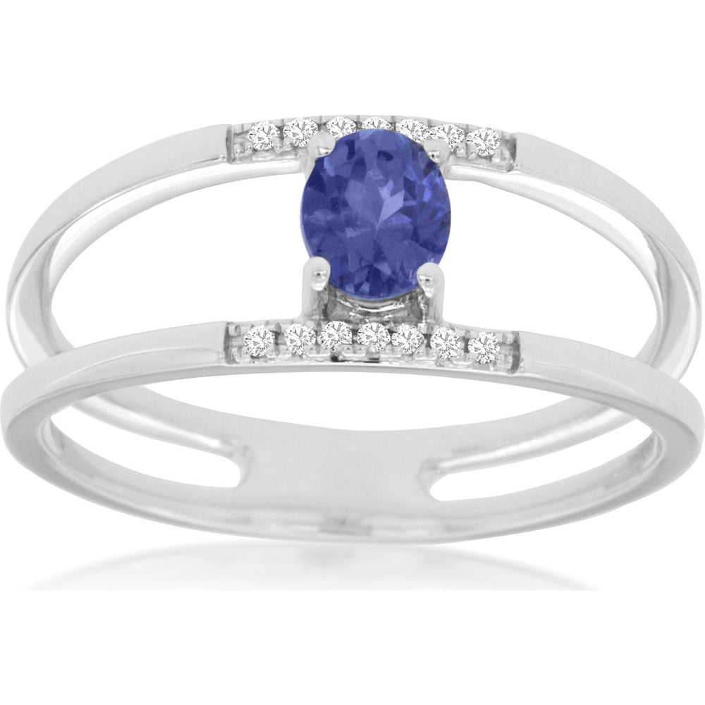 14K White Gold Contemporary Split Shank Ring with Oval Tanzanite and Round Diamond Accents - 0.35 Carat Tanzanite and 0.05 Carat Total Diamond Weight - Royal Jewelry