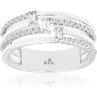 14K White Gold Contemporary Split Shank Wedding Band with Baguette and Round Diamonds - 0.32 Carat Total Diamond Weight - Royal Jewelry
