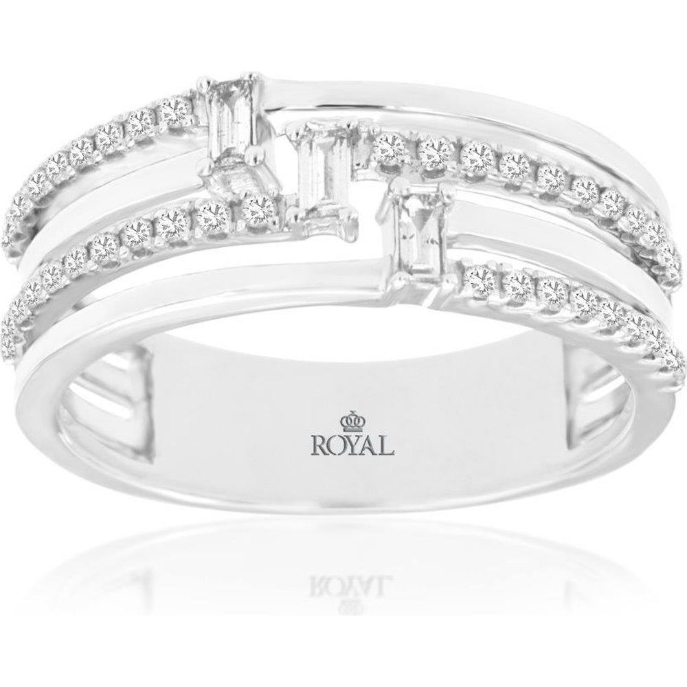 14K White Gold Contemporary Split Shank Wedding Band with Baguette and Round Diamonds - 0.32 Carat Total Diamond Weight - Royal Jewelry