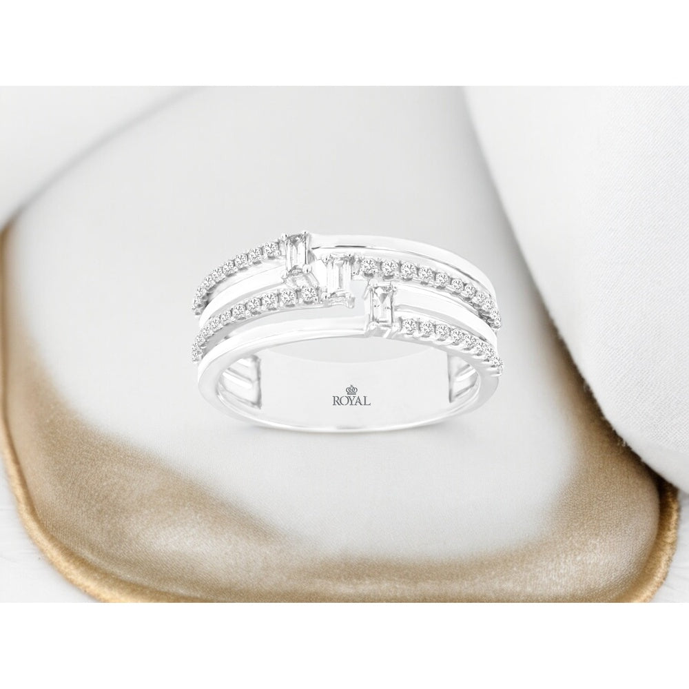 14K White Gold Contemporary Split Shank Wedding Band with Baguette and Round Diamonds - 0.32 Carat Total Diamond Weight - Royal Jewelry