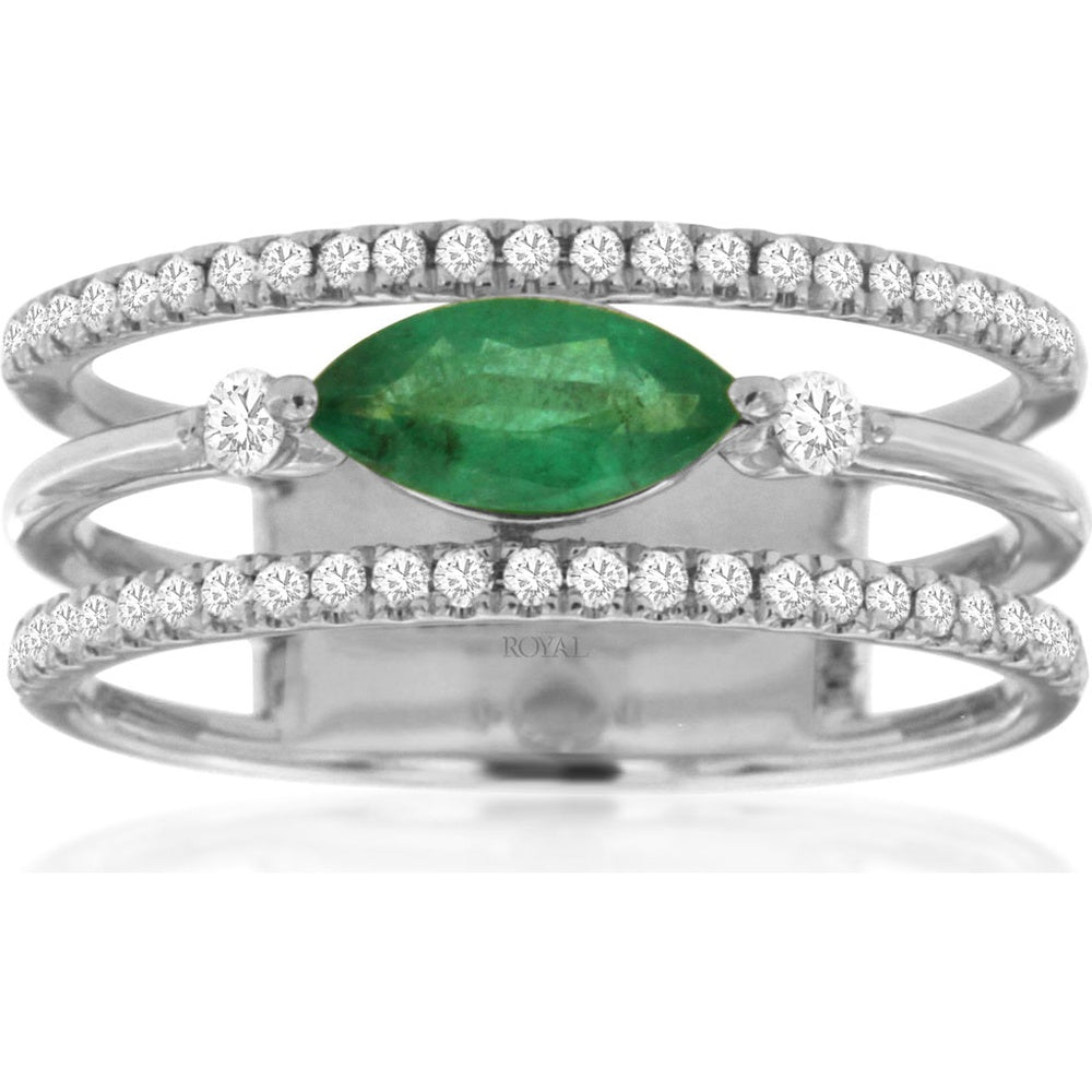 14K White Gold Contemporary Triple-Band Ring with Marquise-Cut Emerald and Pavé-Set Round Diamonds - 0.52 Carat Emerald and 0.26 Carat Total Diamond Weight - Royal Jewelry
