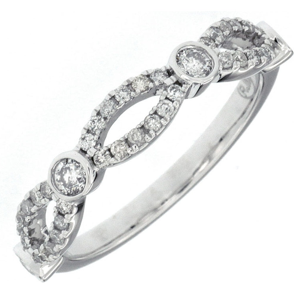 14K White Gold Contemporary Twisted Open-Work Ring with Bezel-Set and Pavé Round Diamonds - 0.47 Carat Total Diamond Weight - Royal Jewelry