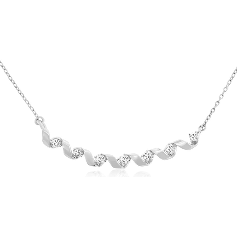 14K White Gold Contemporary Wave Station Necklace with Prong-Set Round Diamonds - 0.20 Carat Total Diamond Weight - Royal Jewelry