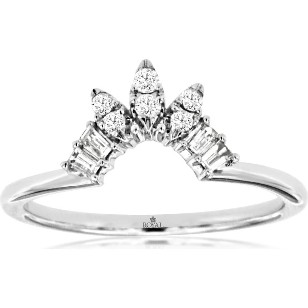 14K White Gold Contour Band with Round and Baguette Diamonds - 0.15 Carat Total Diamond Weight - Royal Jewelry