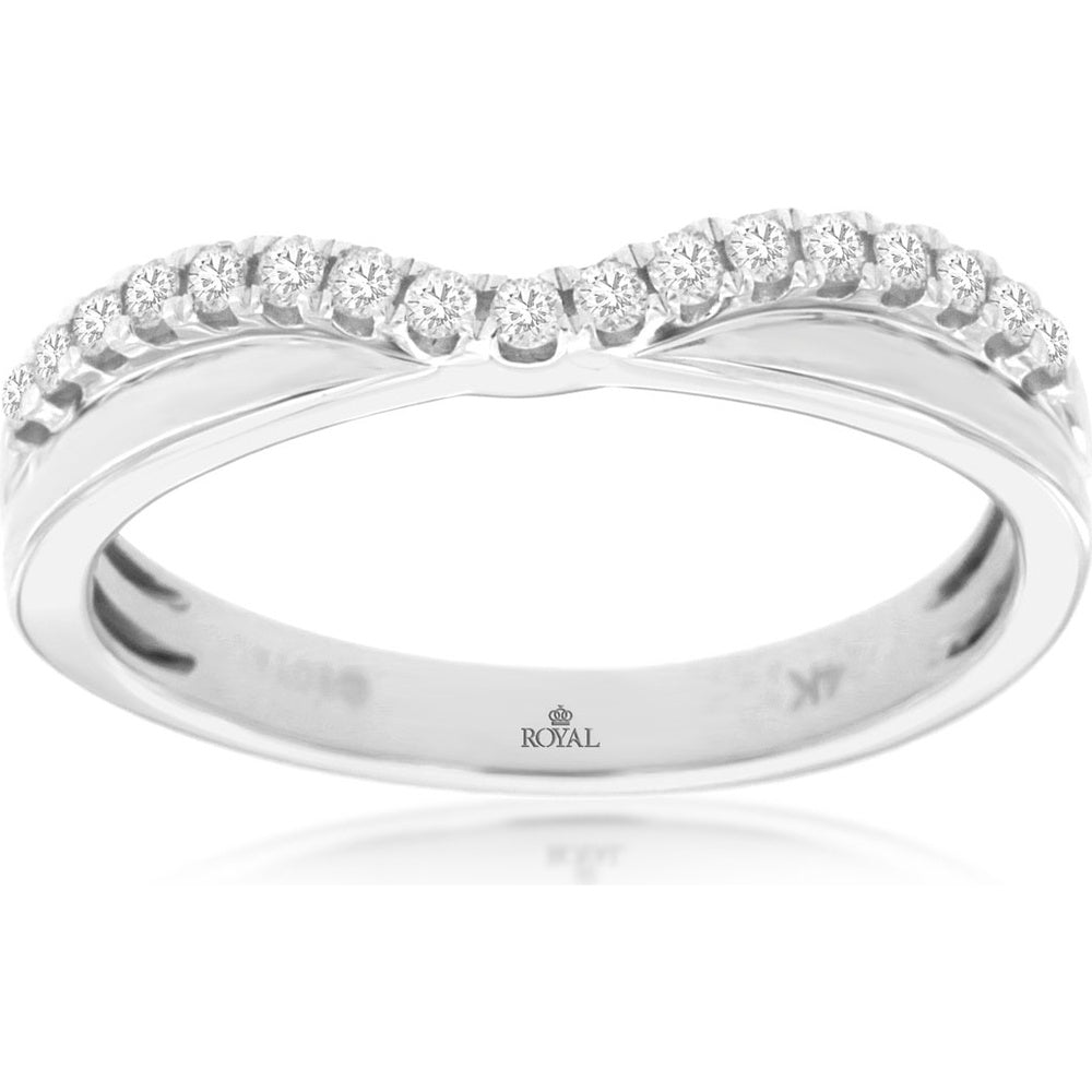 14K White Gold Contour Curved Wedding Band with Shared-Prong Set Round Diamonds - 0.19 Carat Total Diamond Weight - Royal Jewelry