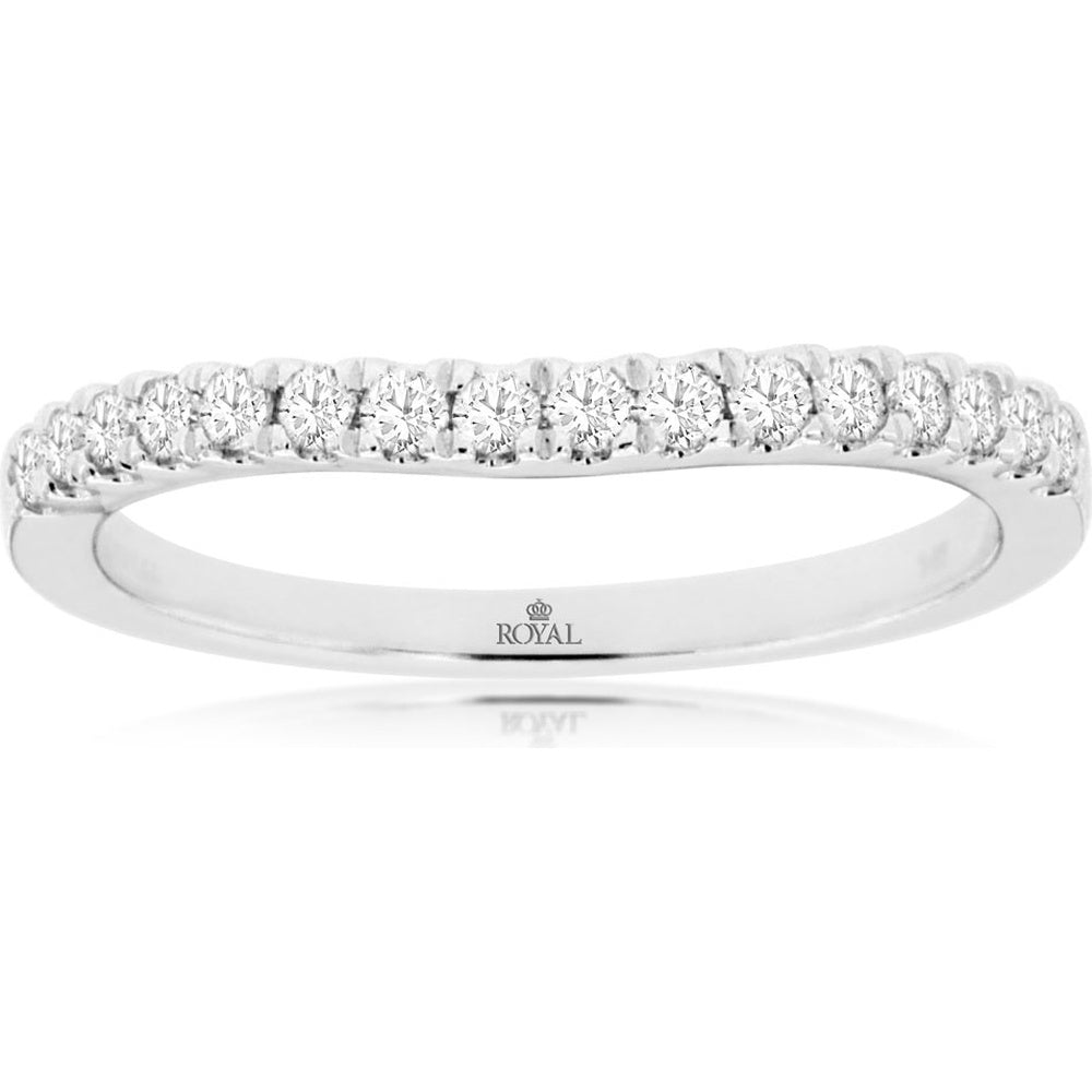 14K White Gold Contour Wedding Band with Shared-Prong Set Round Cut Diamonds - 0.26 Carat Total Diamond Weight - Royal Jewelry
