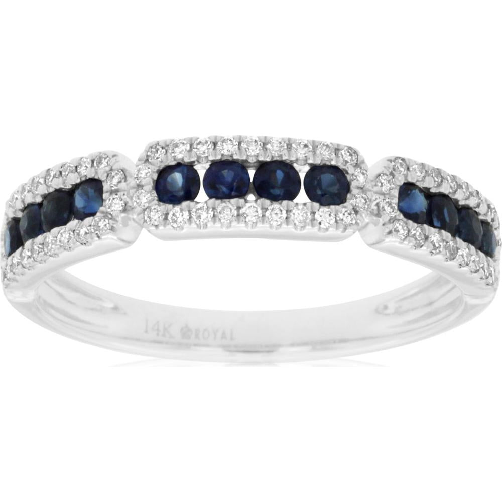 14K White Gold Contoured Band Ring with Channel Set Round Sapphires (0.42ct) and Milgrain Diamond Border (0.20ct) - Royal Jewelry