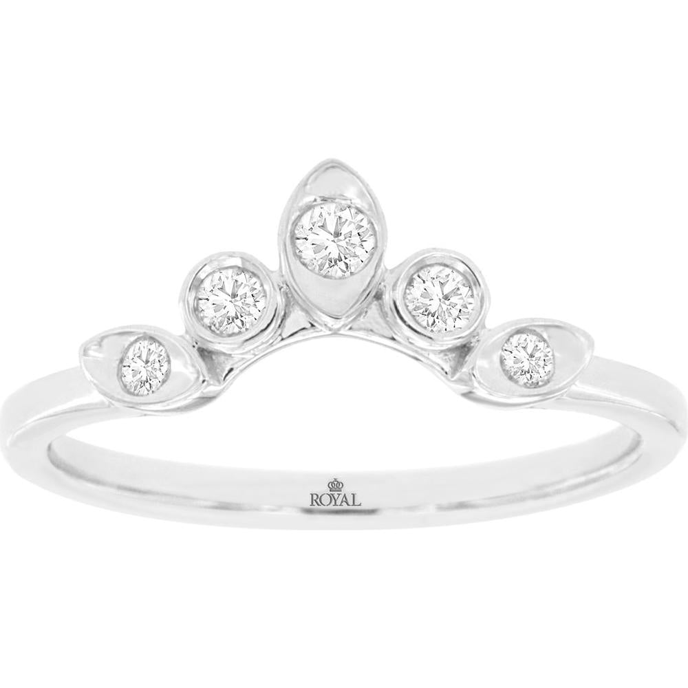 14K White Gold Contoured Crown Ring with 5 Bezel Set Round Diamonds - 0.15 Carat Total Diamond Weight - Royal Jewelry