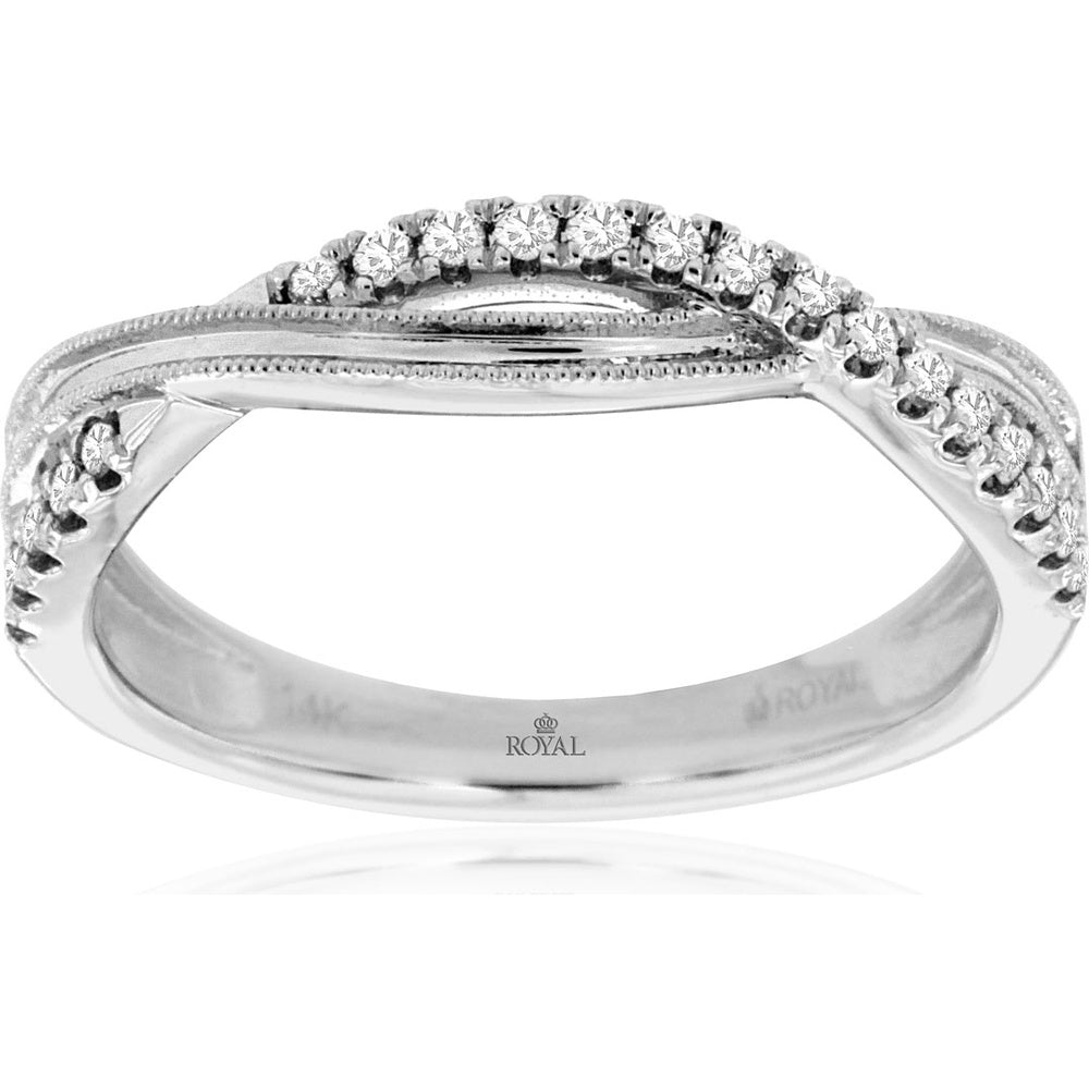 14K White Gold Contoured Curved Diamond Wedding Band with Milgrain Edging and Prong Set Round Brilliant Diamonds - 0.16 Carat Total Diamond Weight - Royal Jewelry