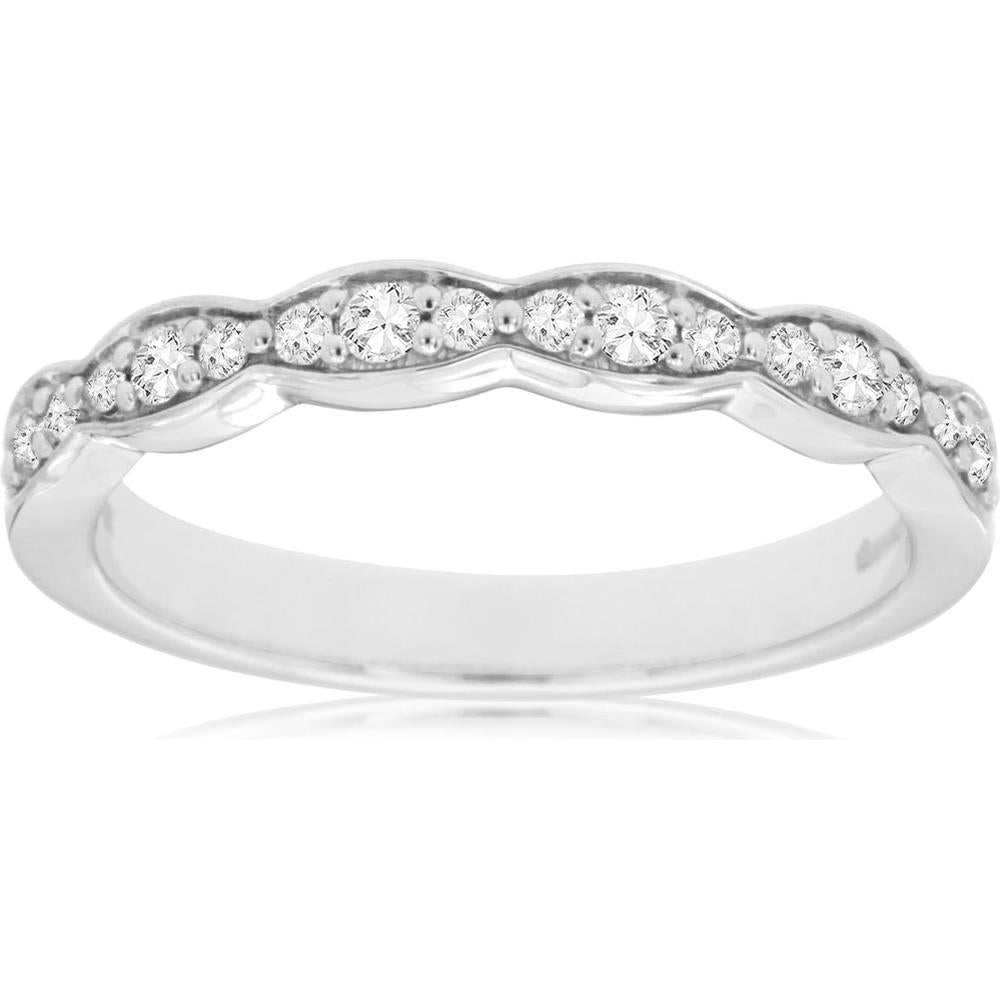 14K White Gold Contoured Diamond Wedding Band with Round Brilliant Prong Set Stones - 0.25 Carat Total Diamond Weight - Royal Jewelry