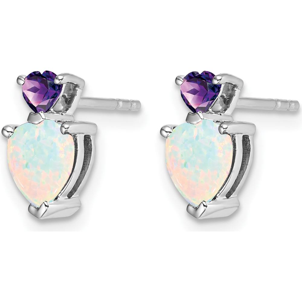14K White Gold Created Opal and Amethyst Heart Drop Earrings - 0.75 Carat Total Opal Weight, 0.28 Carat Total Amethyst Weight by Monteluci Fine Jewelry